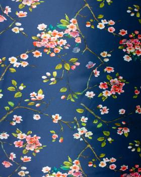 Satin with flowers print on backgroud Navy Blue - Tissushop